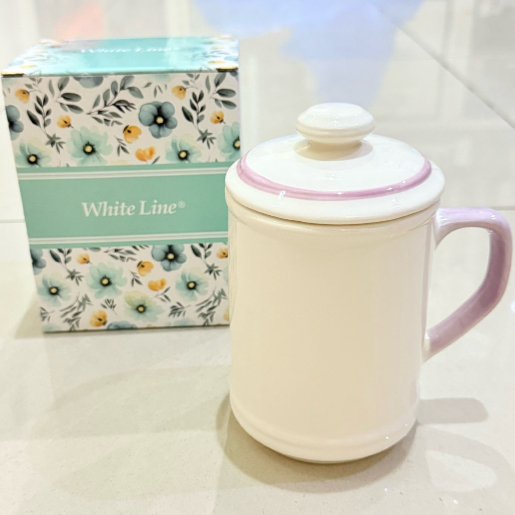 MUG TUTUP KERAMIK WHITELINE GELAS + TUTUP SET KADO 600ml