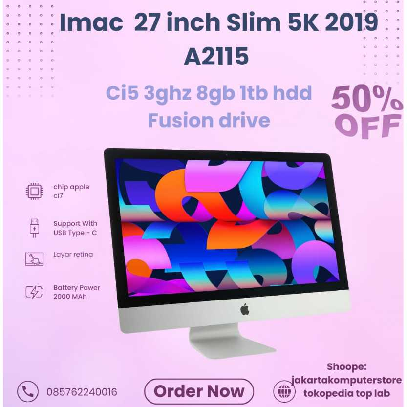 Imac 27 inch Slim 5K 2019 A2115 CI5 3.0ghz 8gb 1.03tb  Fusion Drive Second Original
