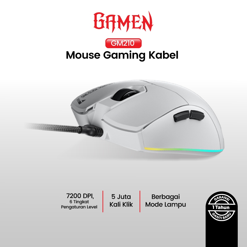 GAMEN GM210 Wired Mouse Gaming RGB 7200 DPI, 6 Tombol, Pengaturan DPI 800–7200 untuk Game Laptop/PC 
