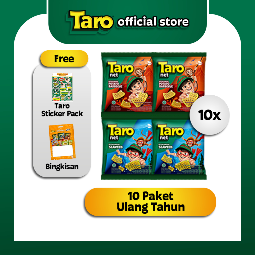 

Paket Ulang Tahun [TARO Net Seaweed 8g + TARO Net Potato BBQ 8g + Sticker Taro]