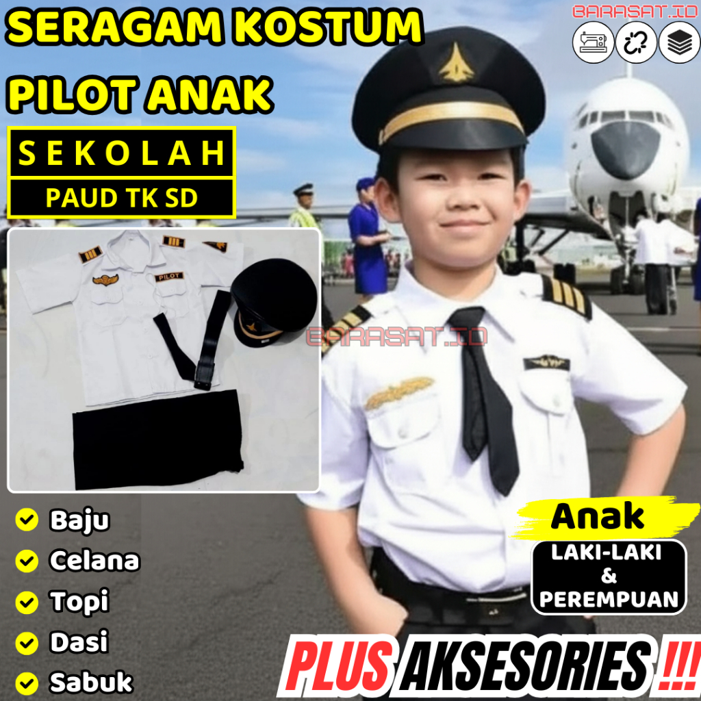 Baju Seragam Pilot Anak Kostum Karnaval Fashion Show Lengkap Aksesories Anak Laki Perempuan