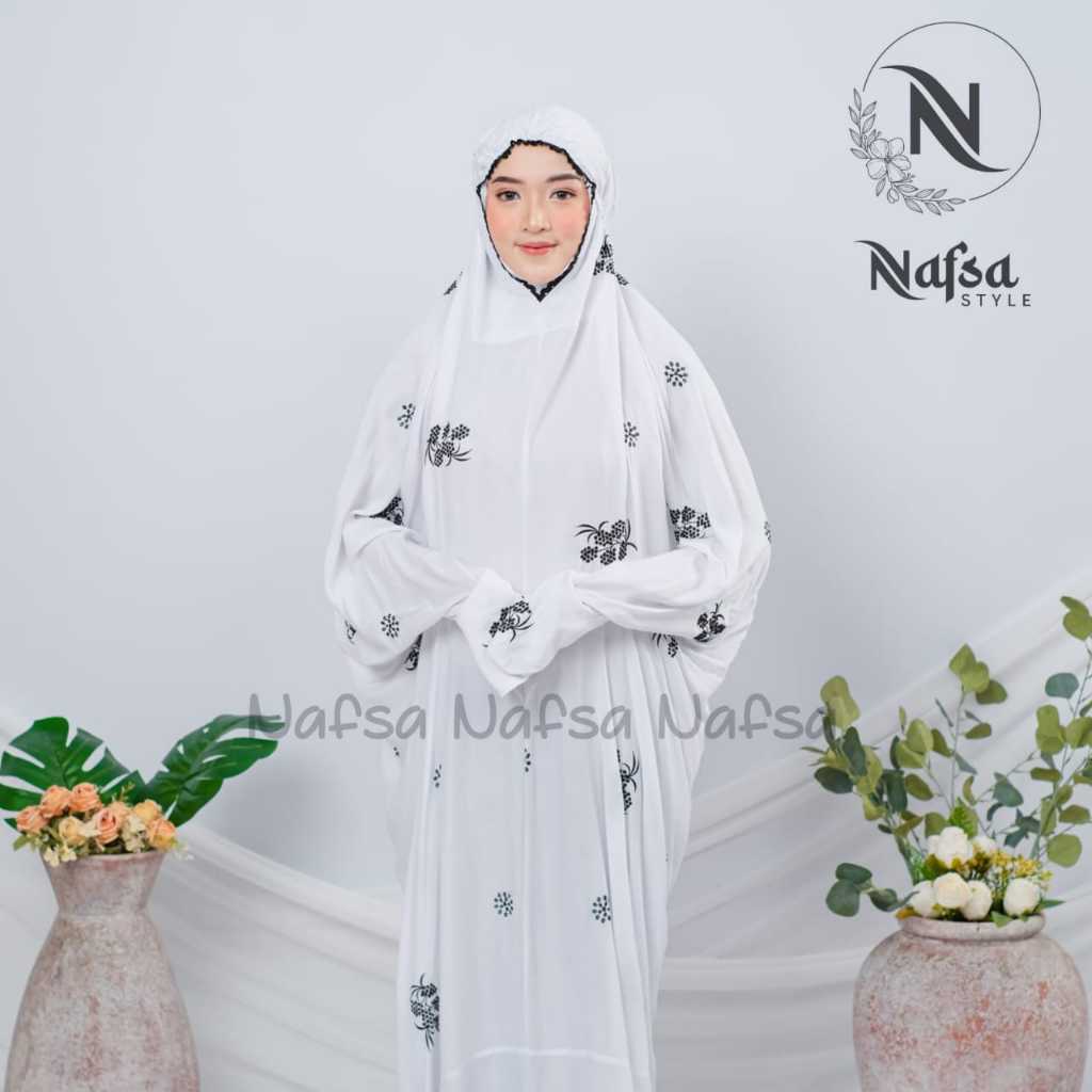 Nafsa - Mukena Terusan Dewasa Putih Bordir Basma  Rayon Premium