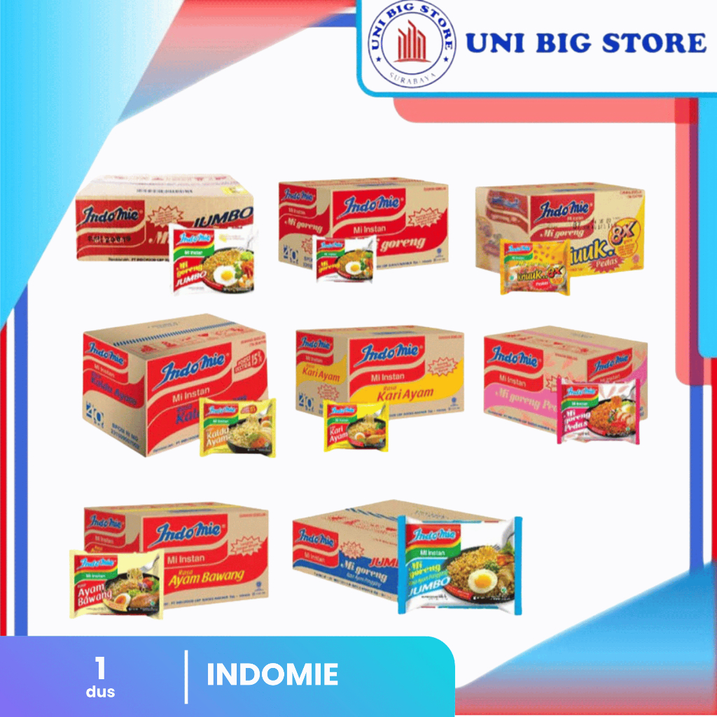 

Indomie Mi Mie Goreng | Jumbo | Kaldu Ayam | Kriuk | Kari Ayam | Pedas DUS pcs Mie Instan