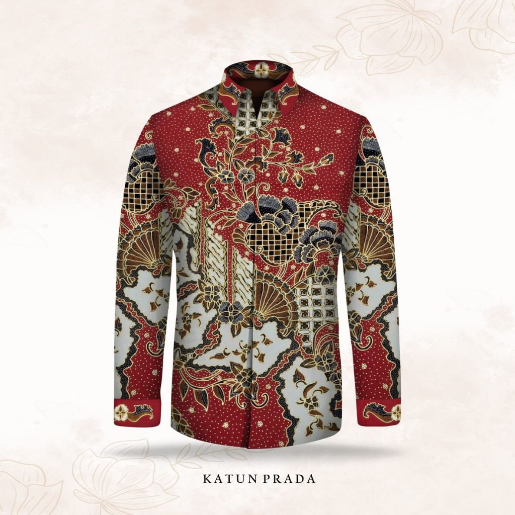 kain batik tulis prada warna merah bahan katun. batik tulis pria prada emas. er