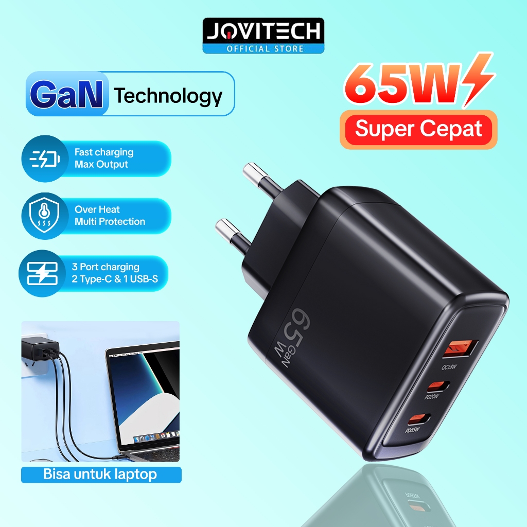 Jovitech CA65 GaN Charger 65W PD QC 5A 2 USB C 1 USB A Charger 3 Port GaN Wall Charger Fast Charging