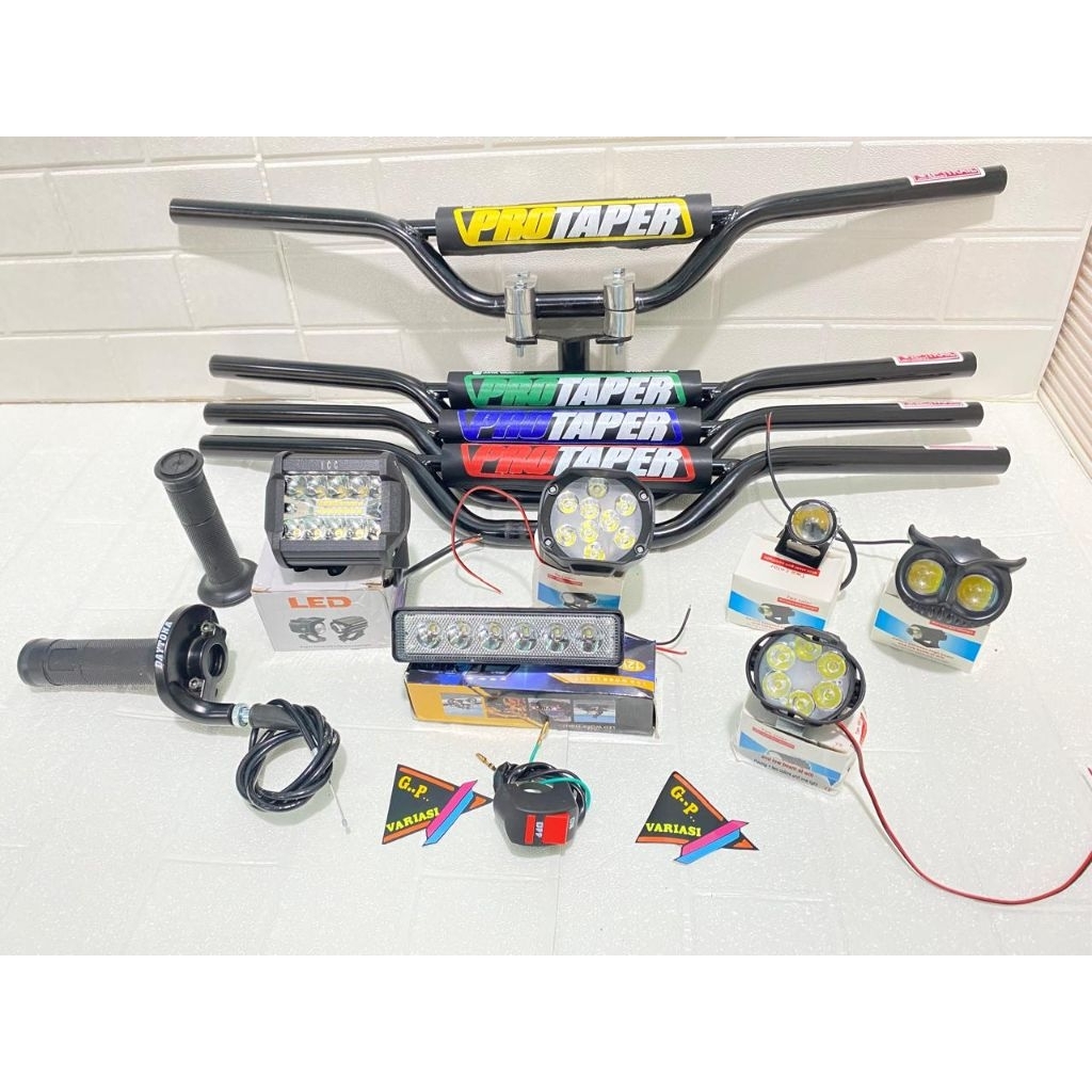 PAKET LENGKAP STANG CRF D-TRACKER HITAM+DUDUKAN/ADAPTOR STANG+GAS SPONTAN DAYTONA POLOS+LAMPU LED BO