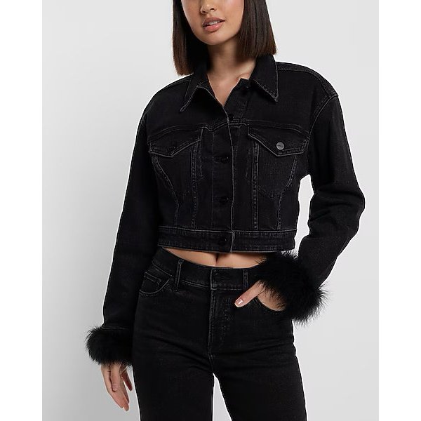 Jaket Denim Wanita Express Black Washed Trucker Denim Jacket - 8643