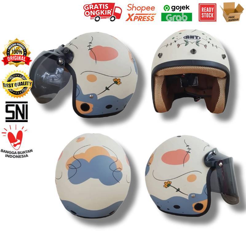HELM BOGO RETRO MOTIF BUNGA BLOSOM WHITE BLUE