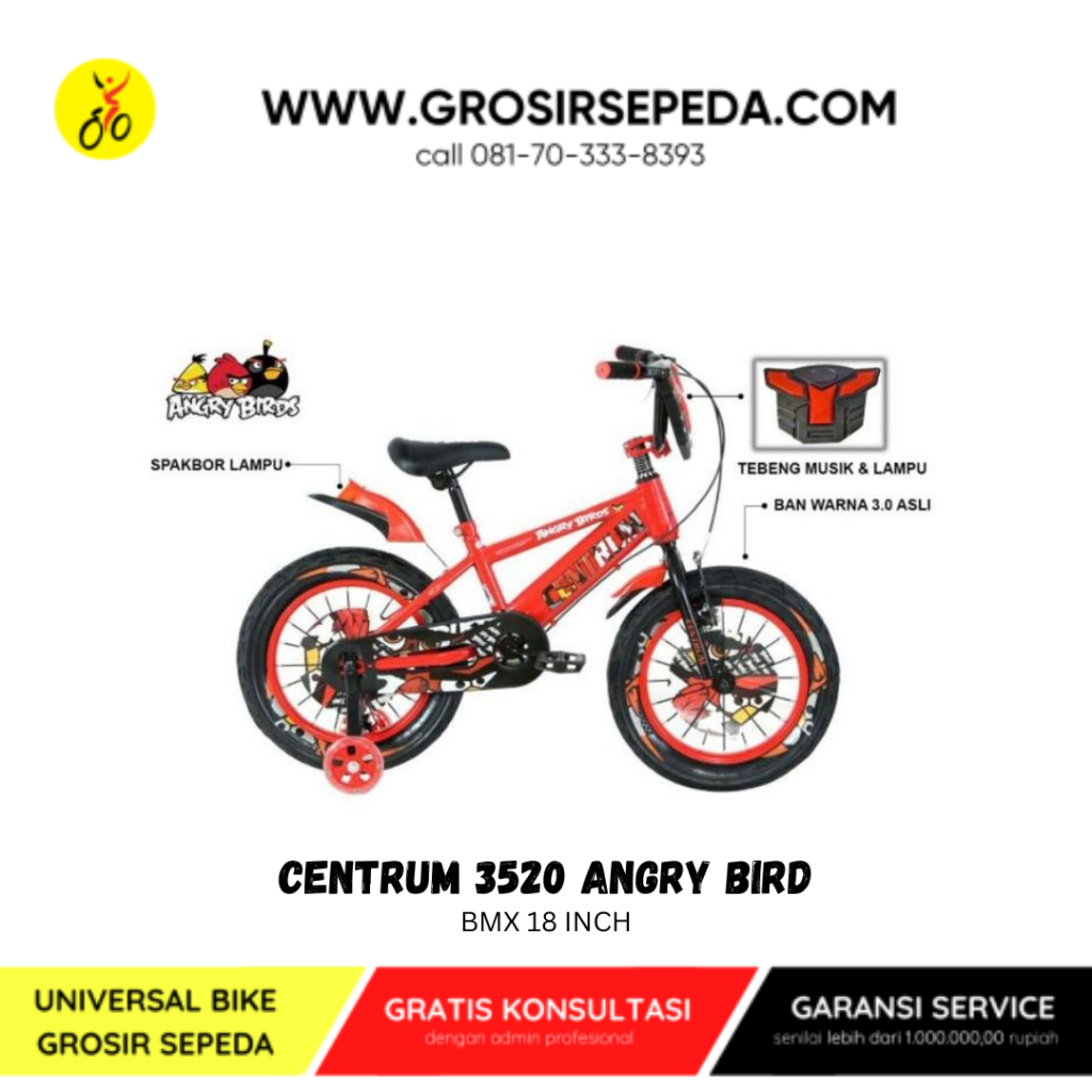 Sepeda Anak BMX 18 Inch Centrum 3520 Angry Bird Musik & Lampu | Sepeda Roda Bantu Anak Laki-Laki
