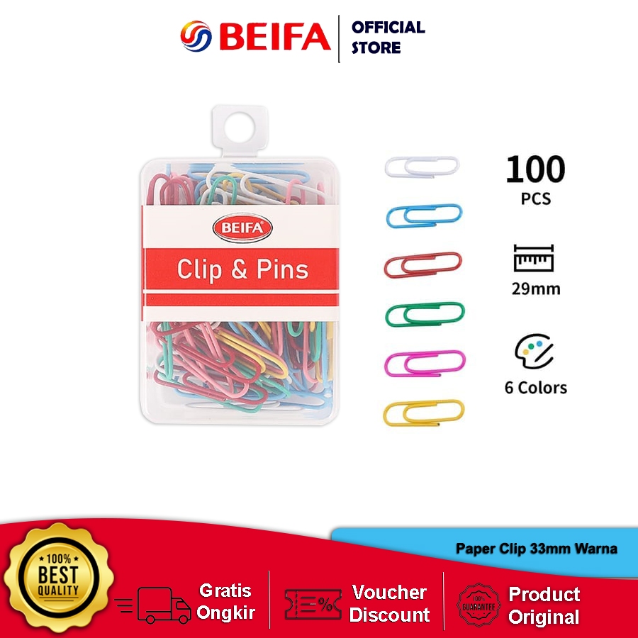 

Beifa Paper Clips FH114C – Klip Kertas Warna Cerah 33mm Isi 100 pcs, Kuat & Rapi