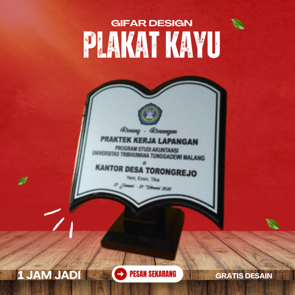 Plakat Kayu bentuk buku untuk kenang - kenangan, ucapan terima kasih, PKL, KKN, Wisuda