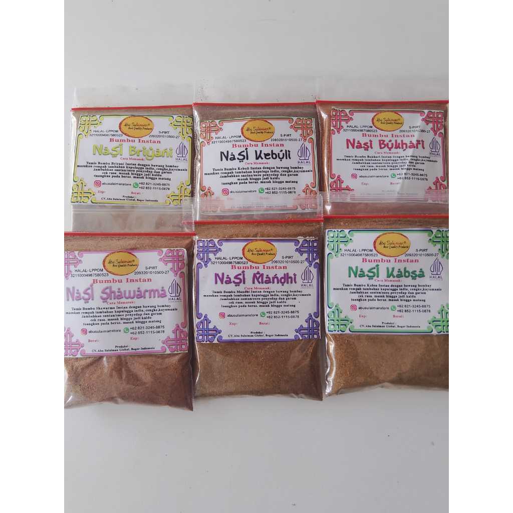 

Ekstra Lebih Hemat ! Bumbu Kebuli Briyani Kabsah Mandhi Bukhori shawarma Abu Sulaiman / Bumbu Instan Timur Tengah / Abu Sulaiman