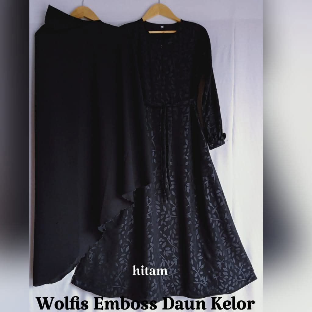 set gamis wolfis embos/abaya wolfis motif embos/wolfis embos set jilbab/wolfis embos set syar'i/set 