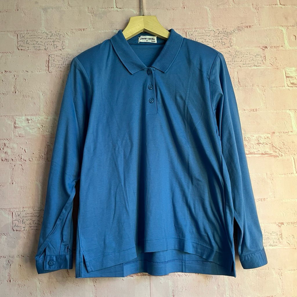 kaos berkerah biru denim kaos santai wanita pakaian wanita polos