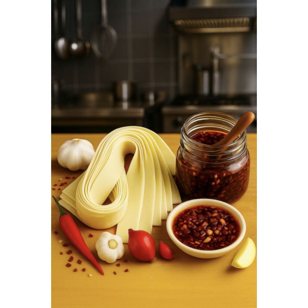 

Bakmie Lebar 500gr + Chili Oil 100ml | Mie Lebar Homemade Kenyal Tanpa Pengawet | Paket Mie Pedas Gurih