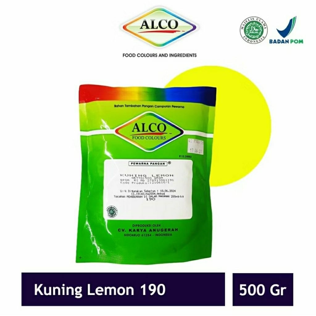 

Pewarna Makanan Kue Bubuk ALCO 500 gr Mixing Colour Warna kuning lemon