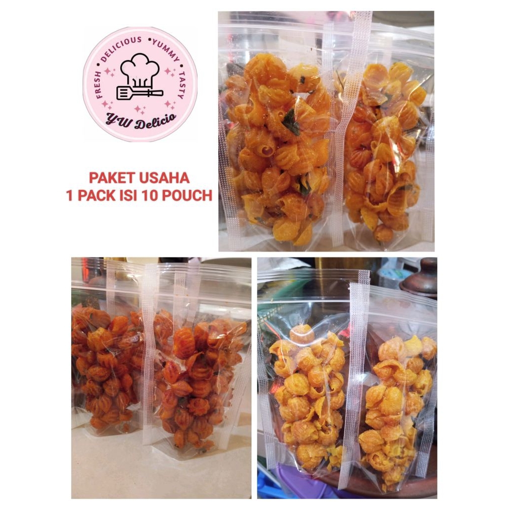 

Paket Usaha Makaroni Kerang YW Delicio – 1 Pack Isi 10 Pouch Snack Renyah Gurih