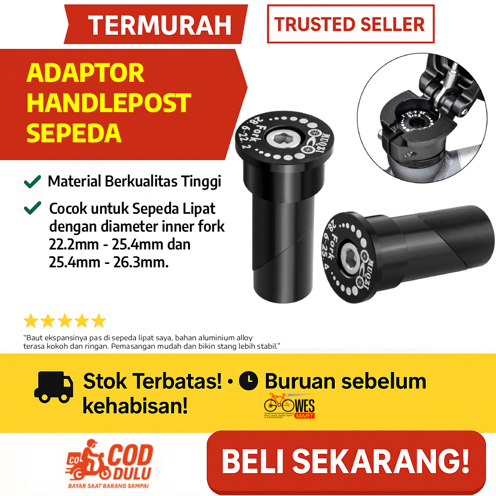 Adaptor Handlepost Sepeda Lipat - Baut Ekspansi Stang Sepeda Lipat Aluminium Alloy (22.2mm - 25.4mm)