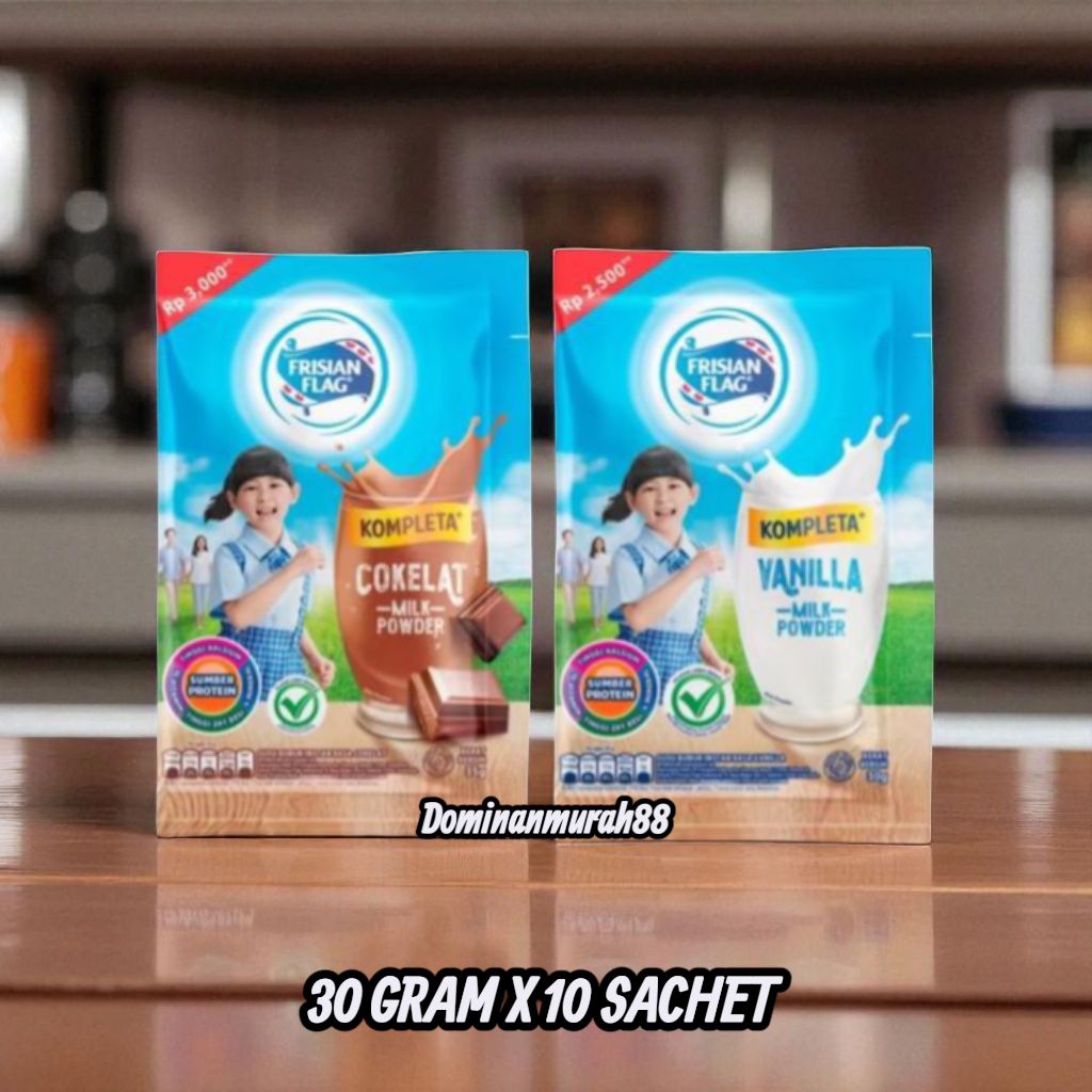 

FRISIAN FLAG KOMPLETA SUSU BUBUK RENCENG COKELAT 30 GRAM ISI 10 SACHET / SUSU BUBUK