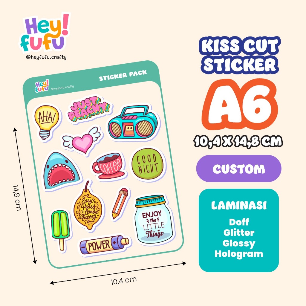 

Cutting Sticker (A6 / 10.5x14.8cm) + Custom Print | Cetak Stiker Sheet Vinyl Kiss Cut