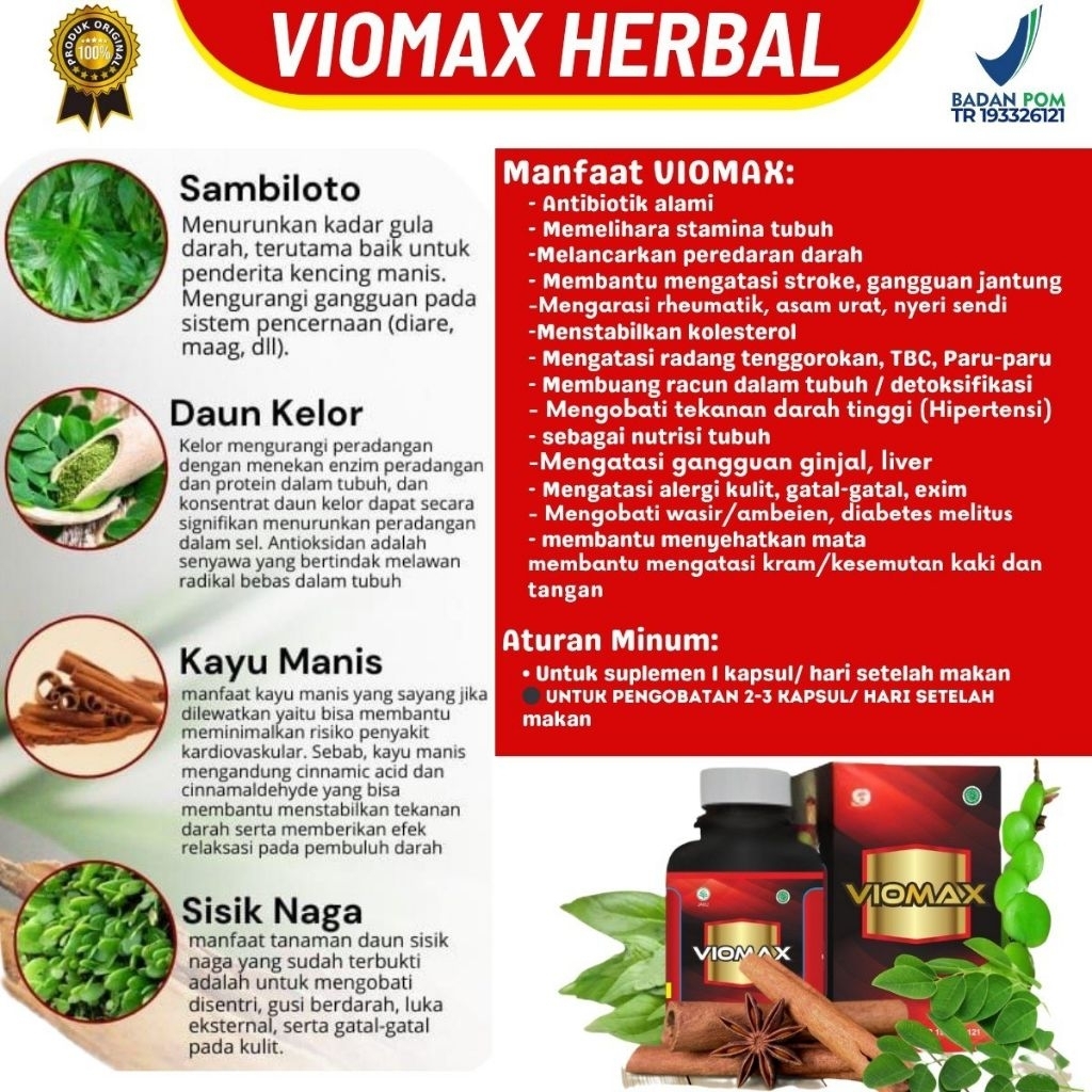

Viomax 30 Kapsul – Herbal Sambiloto, Kelor, Sisik Naga | Stroke, Kolesterol, Vertigo, Wasir
