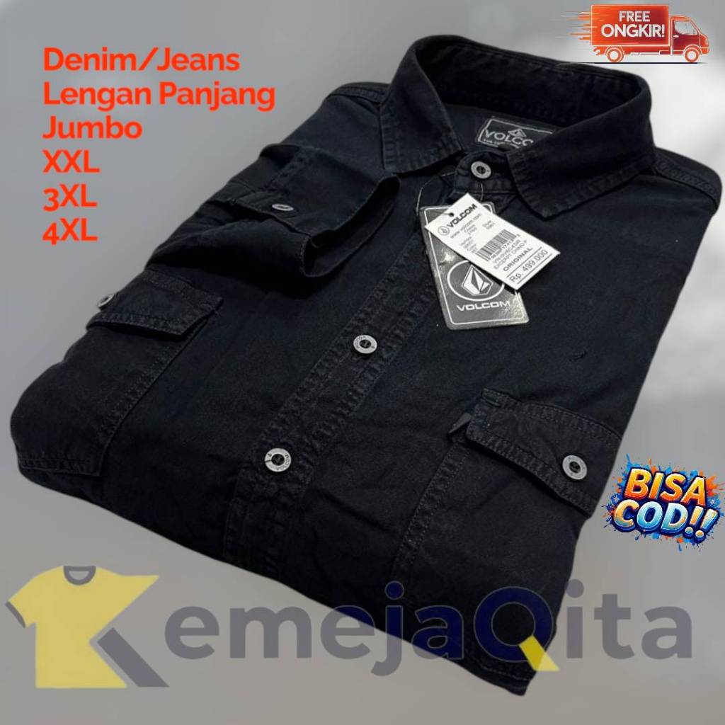 MURAH BANGET Kemeja Jeans Pria Lengan Panjang Denim Jumbo Bigsize XXL 3XL 4XL Kasual Volcom Style