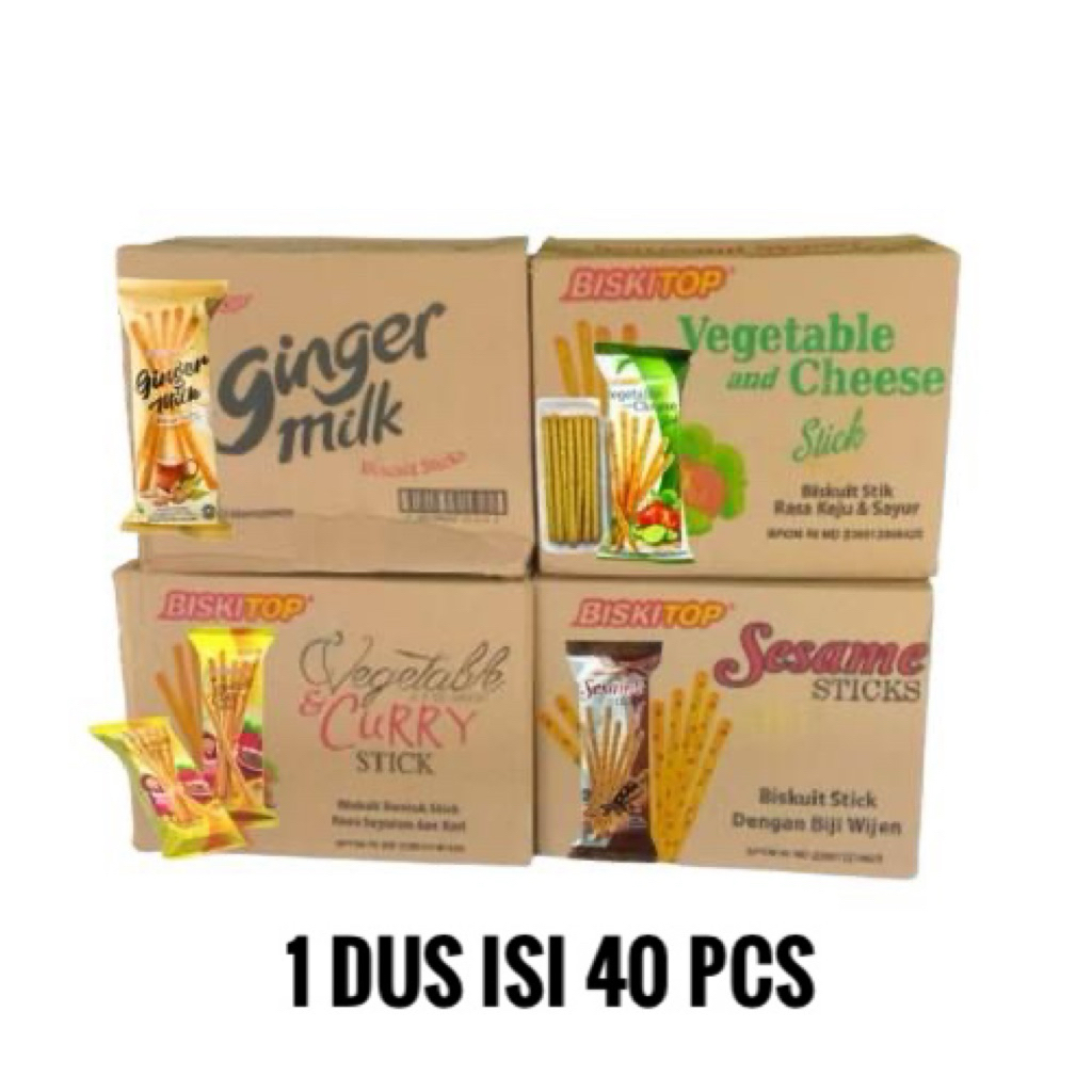 

Biskitop (1 karton)Vegetable Cheese Gingger Milk Curry Stick Sesame Stick Biskuit Biskitop isi 40 pcs