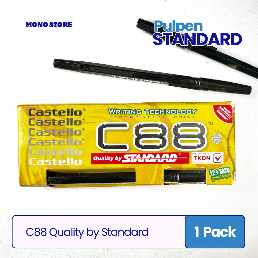 

[1 Pack (12+1 Pcs)] Pen STANDARD Castello C88 -Hitam / Bolpoint Standard Warna Hitam