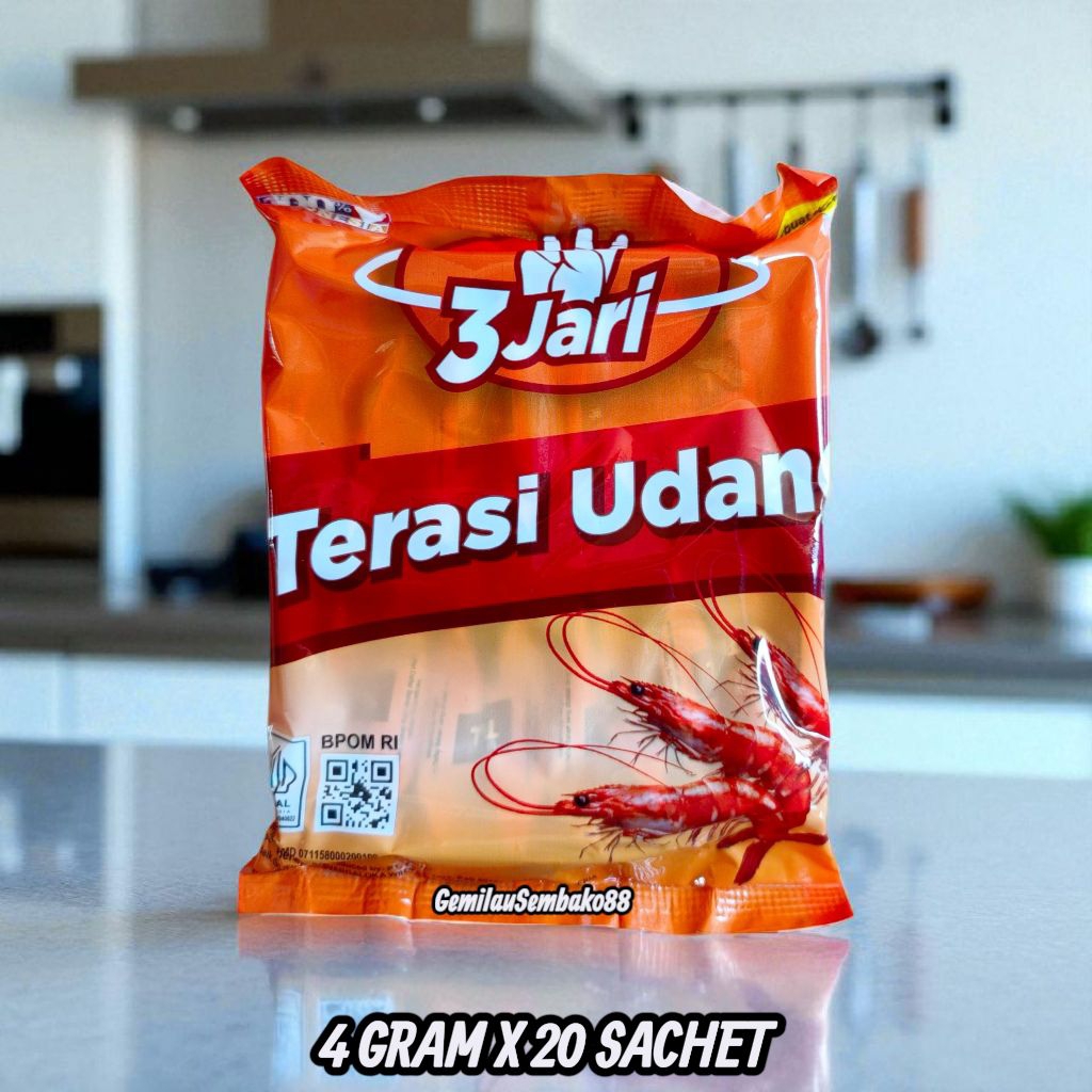 

TERASI UDANG CAP 3 JARI KEMASAN 4 GRAM X 20 SACHET / TERASI / TERASI UDANG