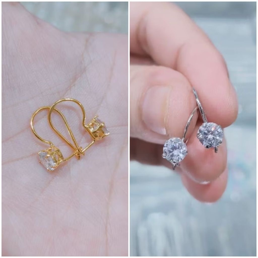Anting Perak 925 Asli Model Desi 1 Permata Seperti Berlian - Anting Silver Krom Emas Putih Dan Kunin