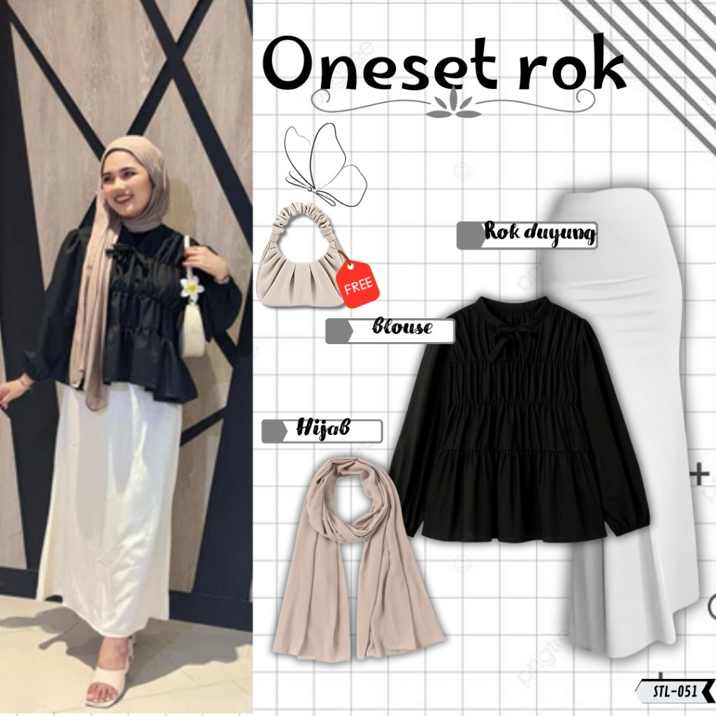 One set Wanita 3in1 Korean Style Free Bag [ Blouse | Celana / Rok | Hijab ] Setelan Wanita One Set R