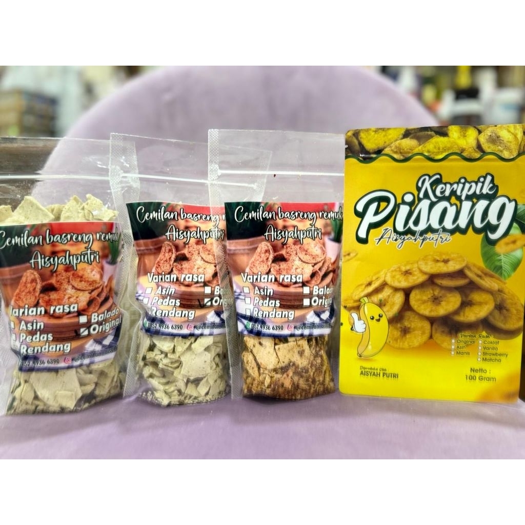 

cemilan basreng dan kripik pisang rasa coklat