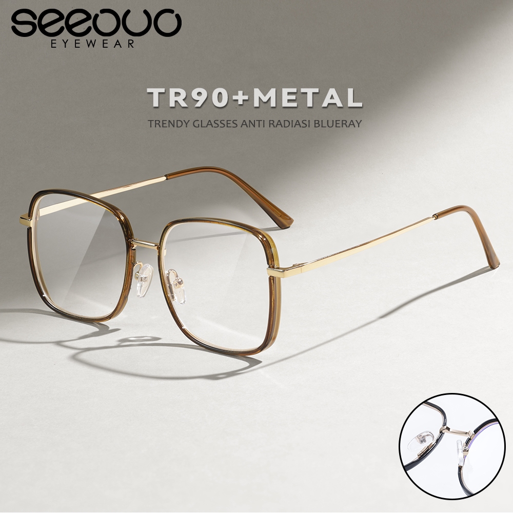 Seeouo Kacamata Antiradiasi Blueray Model Kotak Stylish TR90+Metal Oversize Stylish Frame Pria Wanit