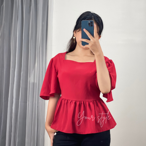 Alika Blouse | Atasan wanita big size | Korean style Big Size | Baju Sabrina Jumbo Lengan pendek | A