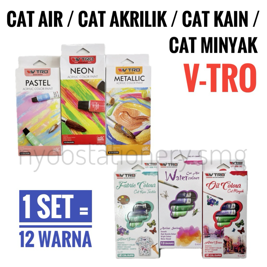 

(1 SET=12 PCS) CAT AIR AKRILIK KAIN MINYAK VTRO WATERCOLOUR OIL COLOUR ACRYLIC COLOUR NEON METALLIC PASTEL FABRIC COLOUR