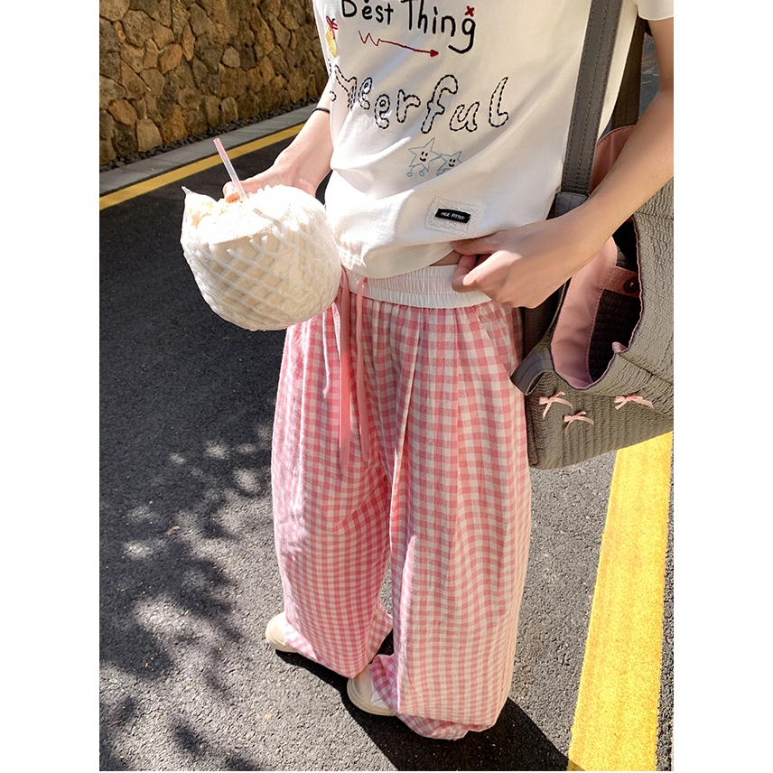 2toyoung Celana lurus berpinggang tinggi kontras musim panas kotak-kotak merah muda untuk wanita