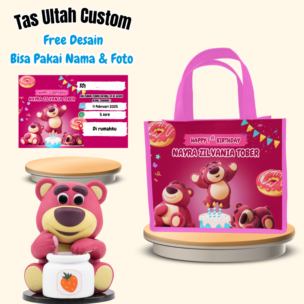 

Paket 30 Pcs Tas & Free Undangan Anak Ulang Tahun Custom Desain Lotso Muat Kfc Snack Kain