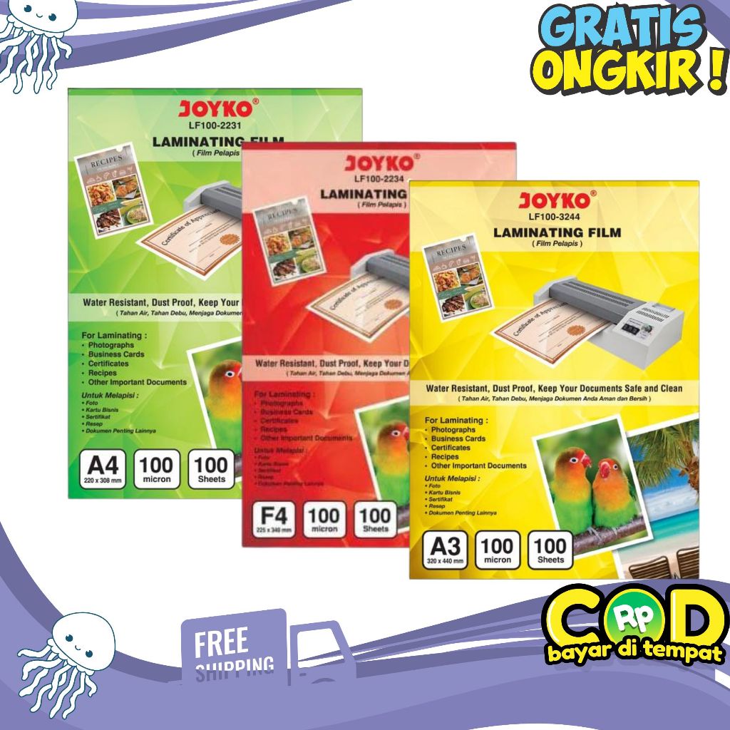 

Plastik Laminating Film A4/F4 dan A3 Joyko 100 Micron (PACK)