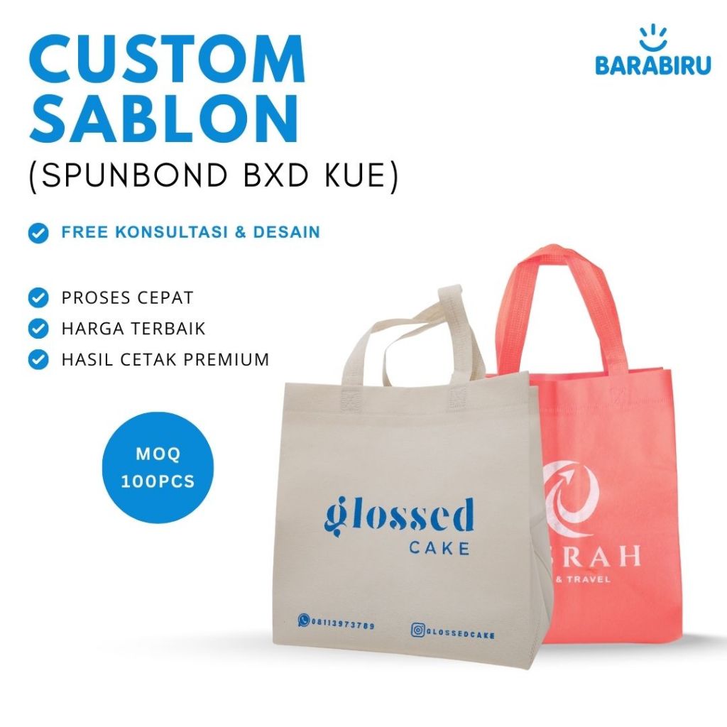 [ Custom ] Sablon  Nama & Logo Tas Spunbond BXD Kue Handle Box 75gsm – Goodie Bag Souvenir, Kemasan 