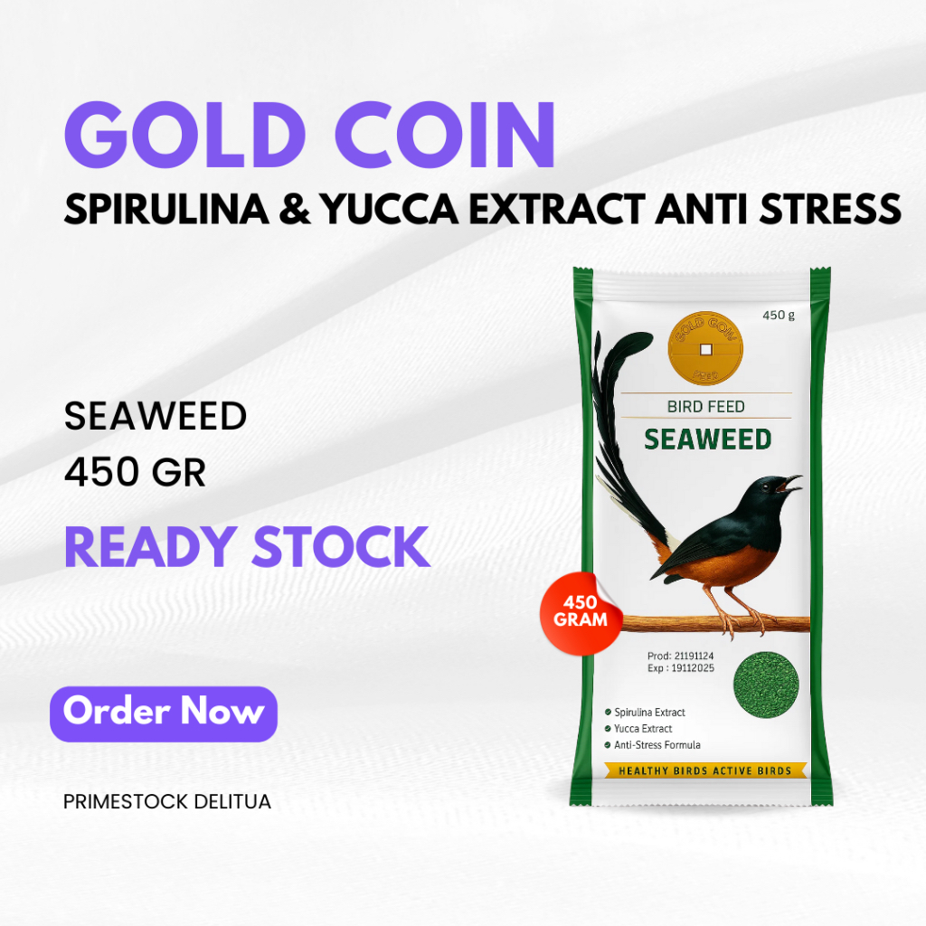 Pakan Gold Coin Seaweed 450 gr untuk Burung dengan Spirulina & Yucca Extract