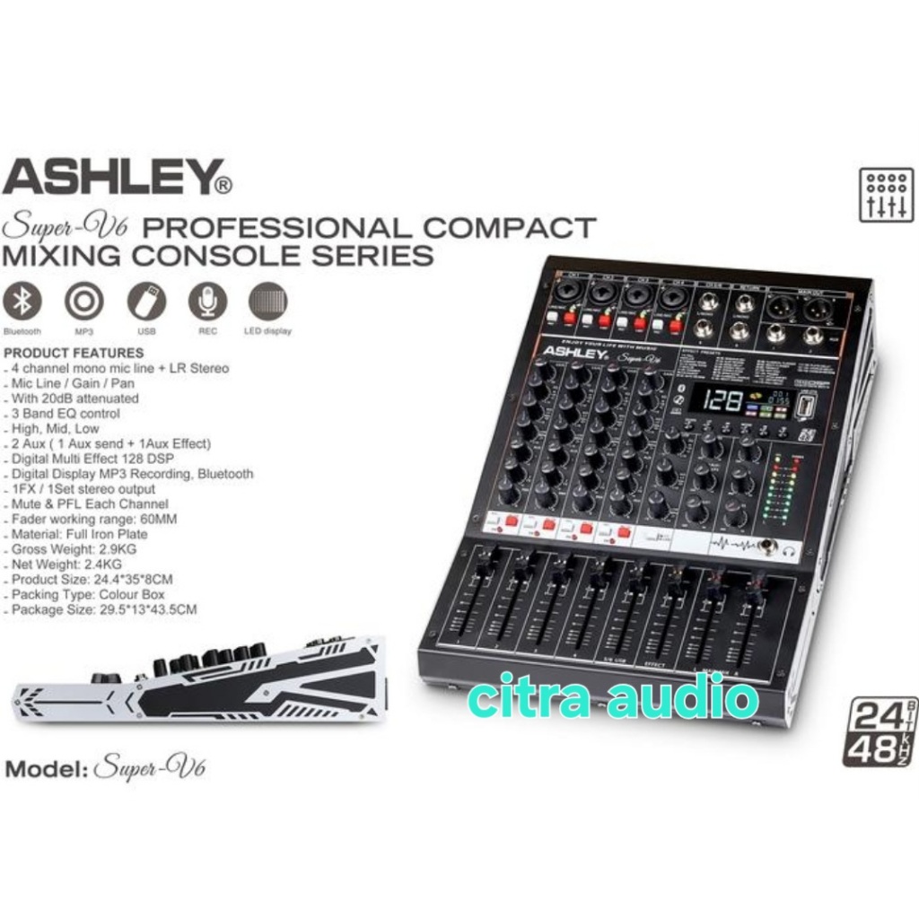 Mixer audio ASHLEY super v6 4chanel mono original stok terbatas