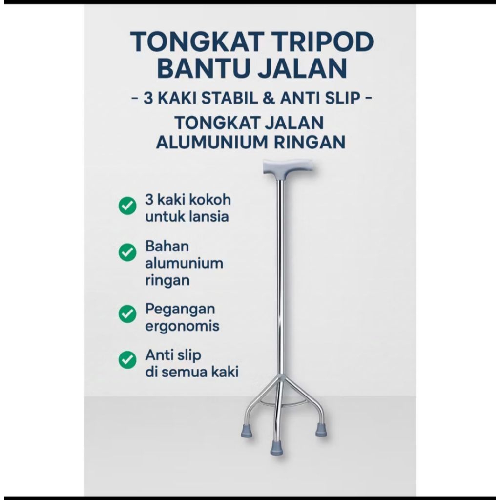 Tongkat Tripod Bantu Jalan untuk Lansia - Anti Slip & Stabil - Tongkat Jalan 3 Kaki Alumunium