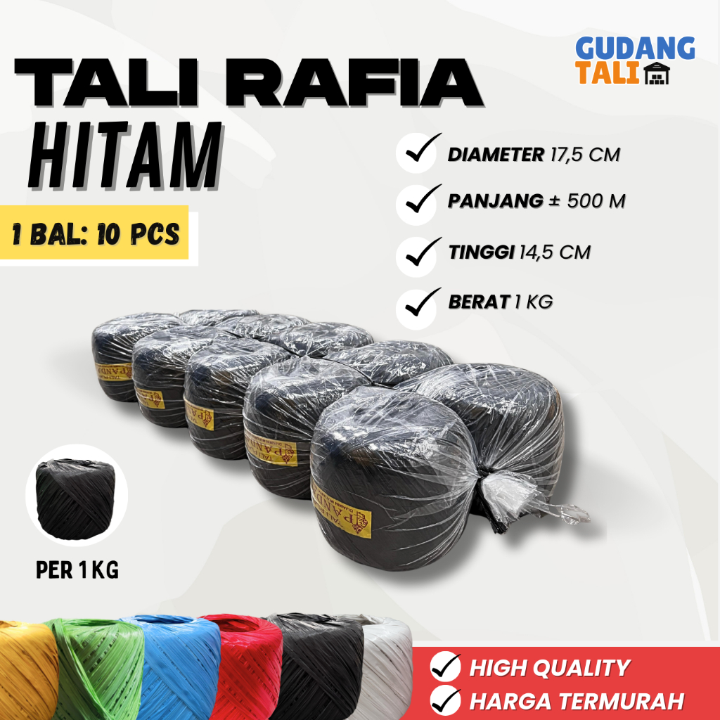 

Tali Rafia Hitam 1Kg isi 10 Pcs per pax | Warna Hitam | Tali Rafia Dof