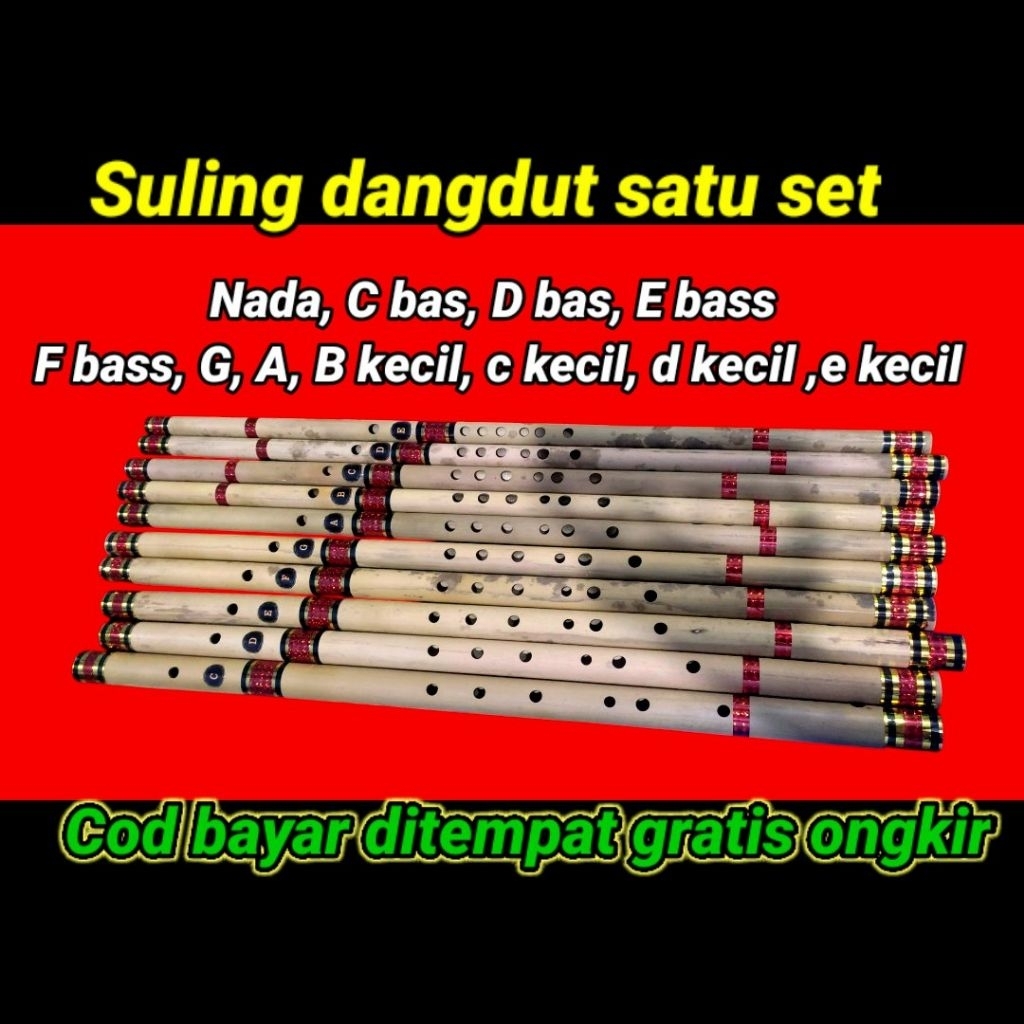 Suling Bambu satu set Nada C bass, D bass, E bas, F bas, G, A, B kecil, C kecil, d kecil, dan e keci