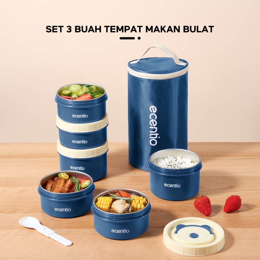 [Jepang Round Stainless Lunch Box Seri] ecentio Lunch Box Set 3pcs Rantang Susun Lunch Box Portabel 