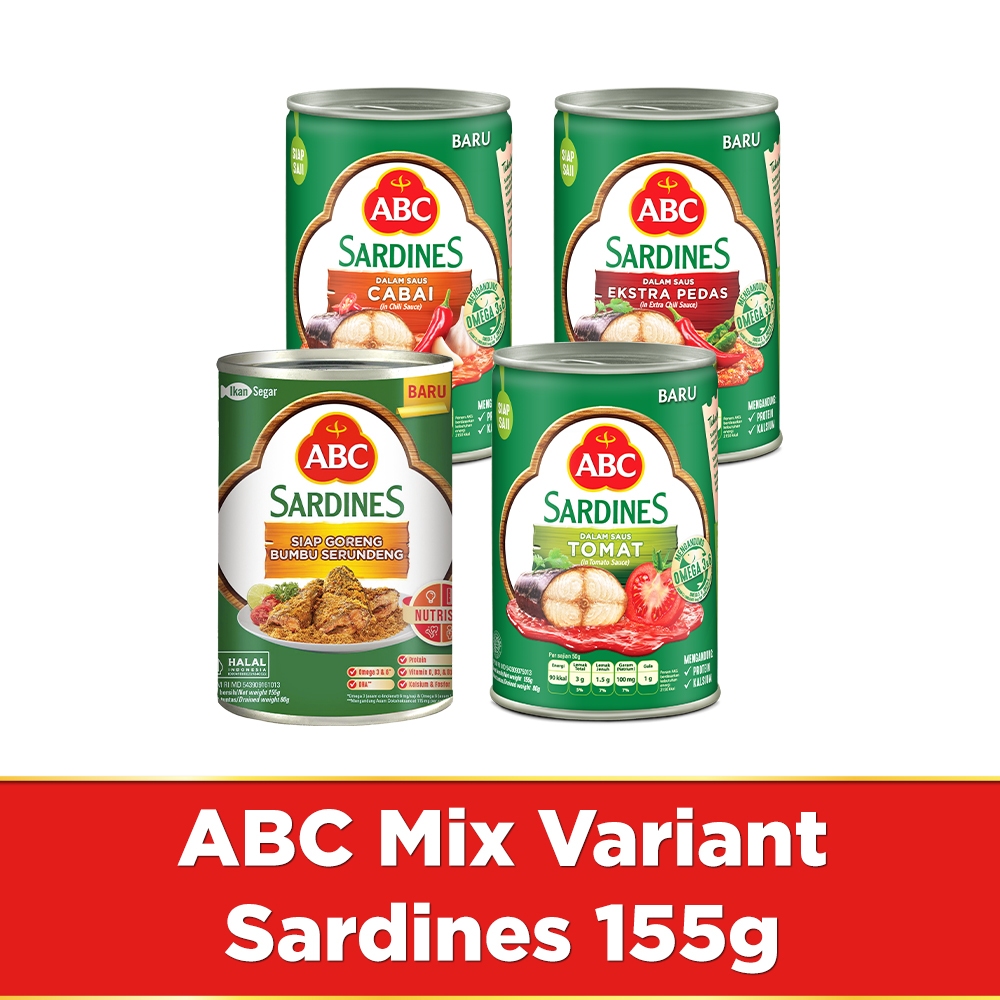 

TERMURAH! ABC Sardines (Sarden) Rasa Saos Tomat, Saos Cabai, Ekstra Pedas, dan Bumbu Serundeng