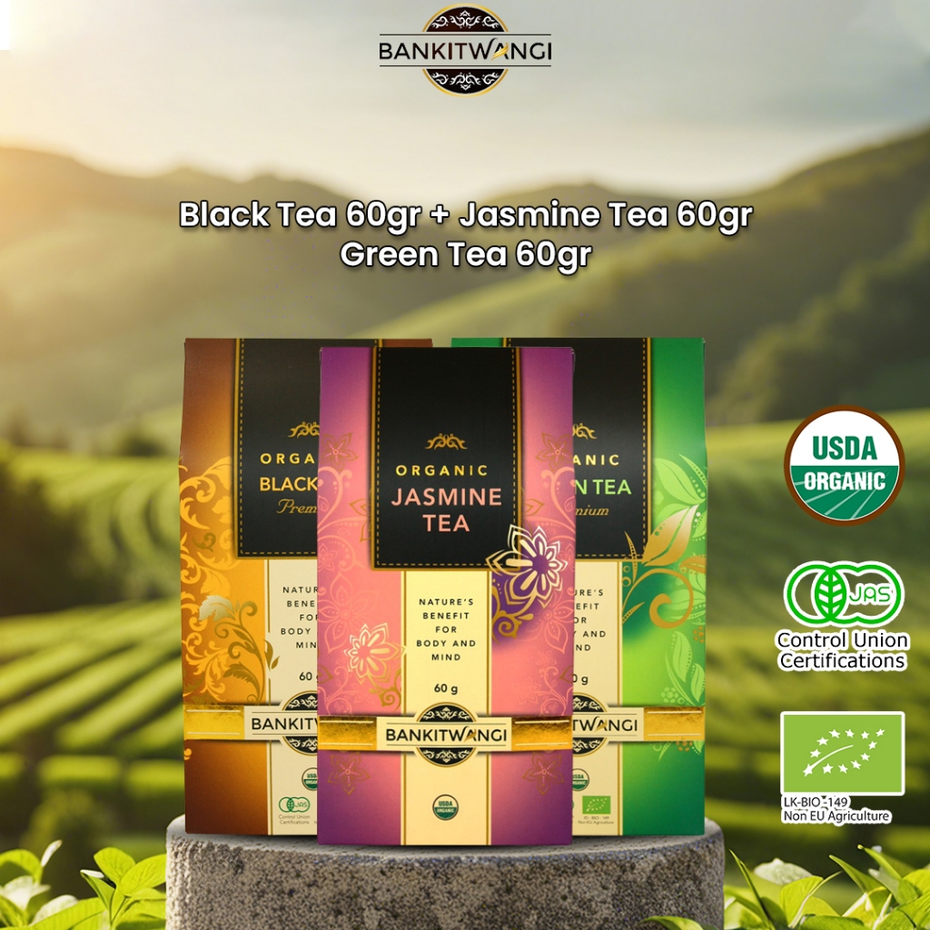 

Paket Bundling Bankitwangi Organic Black Tea 60gr, Jasmine Tea 60gr & Green Tea 60gr