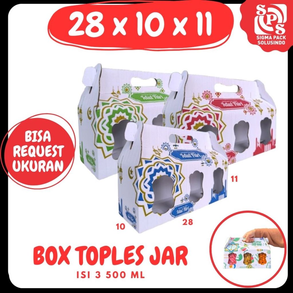 

Box Kue Kering 28x10x11 Jinjing (KUKER TOPLES JAR 500ml ISI 3) Box Jinjing Kardus Lebaran Idul Fitri Hampers Polos/Motif