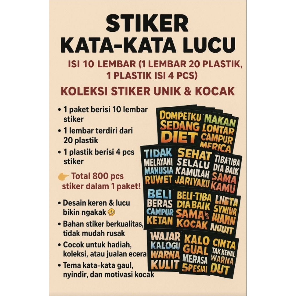 

Stiker Kata-Kata Lucu Isi 10 Lembar (1 Lembar 20 Plastik, 1 Plastik Isi 4 Pcs) – Koleksi Stiker Unik & Kocak