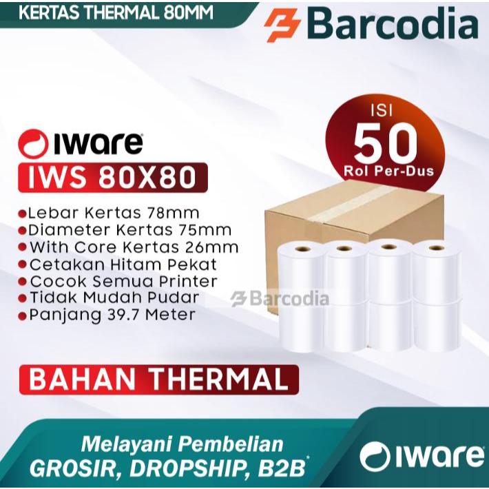 

BARCODIA (1DUS-50 ROLL) Kertas Thermal Iware 80mm Iws 80x80